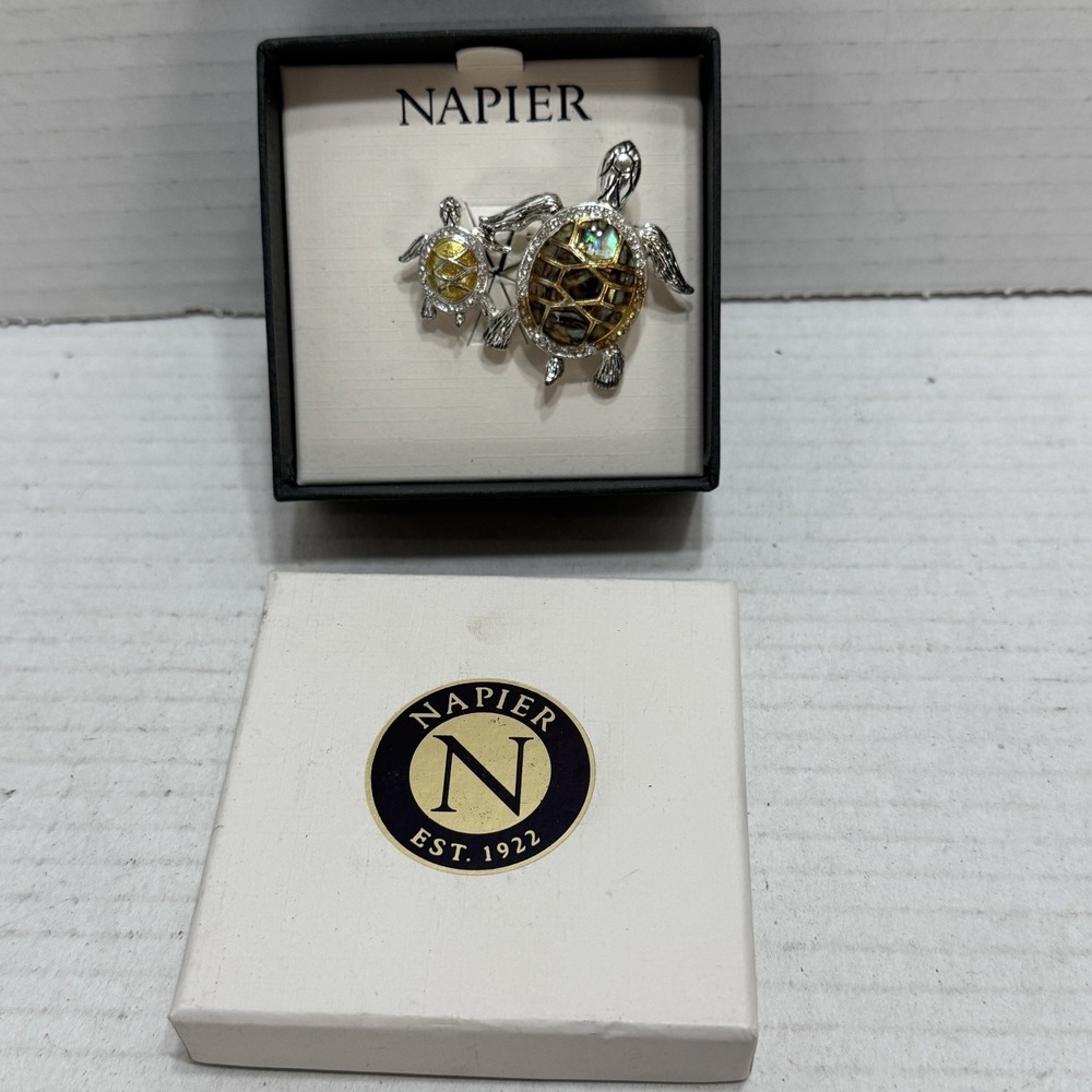 Napier Mom Snd Baby Turtle Pin Brooch Abalone Silver Tone Clear Rhinestone Eyes